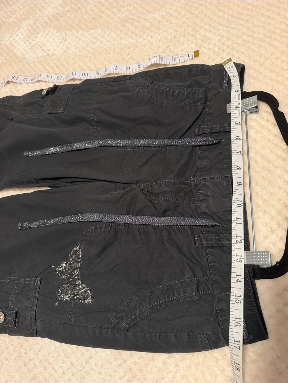 Express Black Straight Leg Cargo Pants with Rhinestone Butterfly Accent - Picture 2 of 6